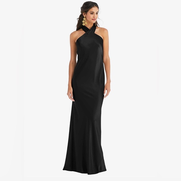 NWT L - Dessy Group - draped twist halter tie-back trumpet gown in black - Picture 1 of 5